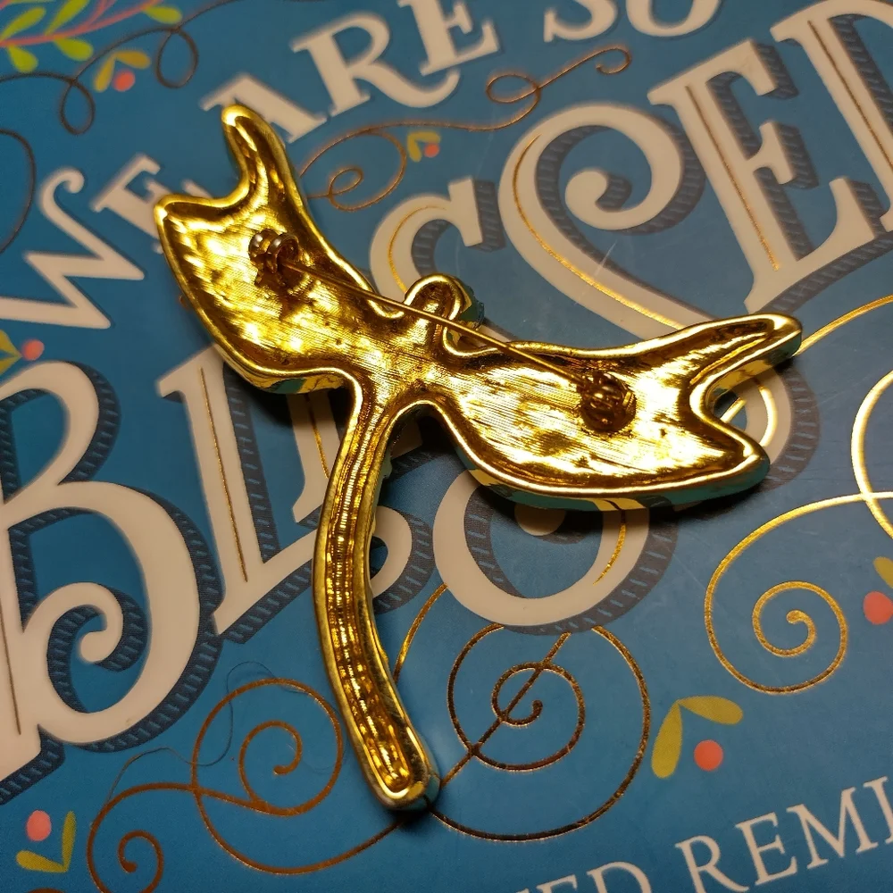 Gold Dragonfly Brooch Pin with Pink, Blue, Green, Red and Clear Rhinestones - Picture 2 of 8